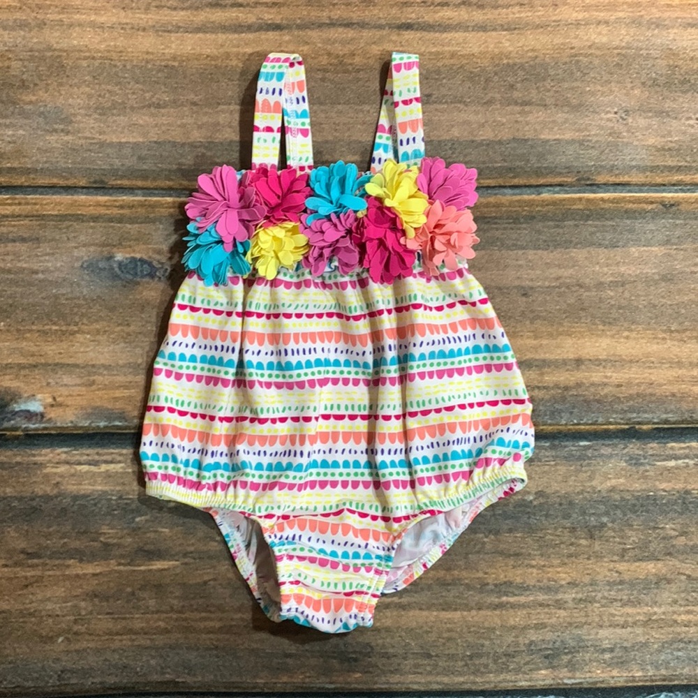 Koala Kids 6 Month Girls One Piece Swimsuit - multicolor pattern & pom flowers